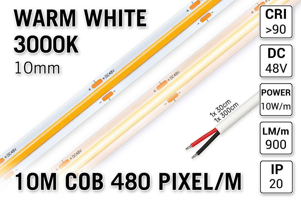 AppLamp Pro Line 48V Warm Wit COB LED Strip 3000K | 10m | Voor Zeer Lange Runs Zonder Lichtafname | 870 lm/m | 10W pm | 480 COB LEDs pm | 10mm | CRI Ra 92 | IP20 - Losse Strip