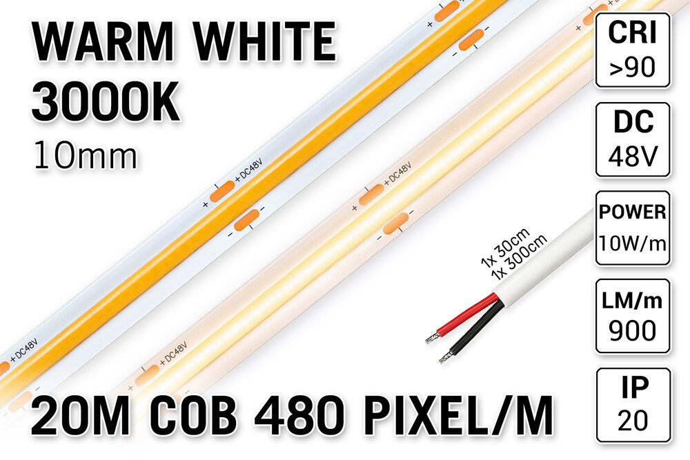 AppLamp Pro Line 48V Warm Wit COB LED Strip 3000K | 20m | Voor Zeer Lange Runs Zonder Lichtafname | 870 lm/m | 10W pm | 480 COB LEDs pm | 10mm | CRI Ra 92 | IP20 - Losse Strip