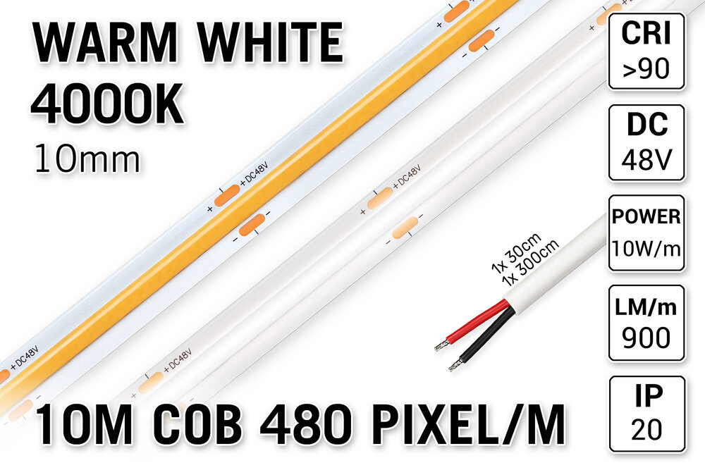 AppLamp Pro Line 48V Neutraal Wit COB LED Strip 4000K | 10m | Voor Zeer Lange Runs Zonder Lichtafname | 860 lm/m | 10W pm | 480 COB LEDs pm | 10mm | CRI Ra 94 | IP20 - Losse Strip
