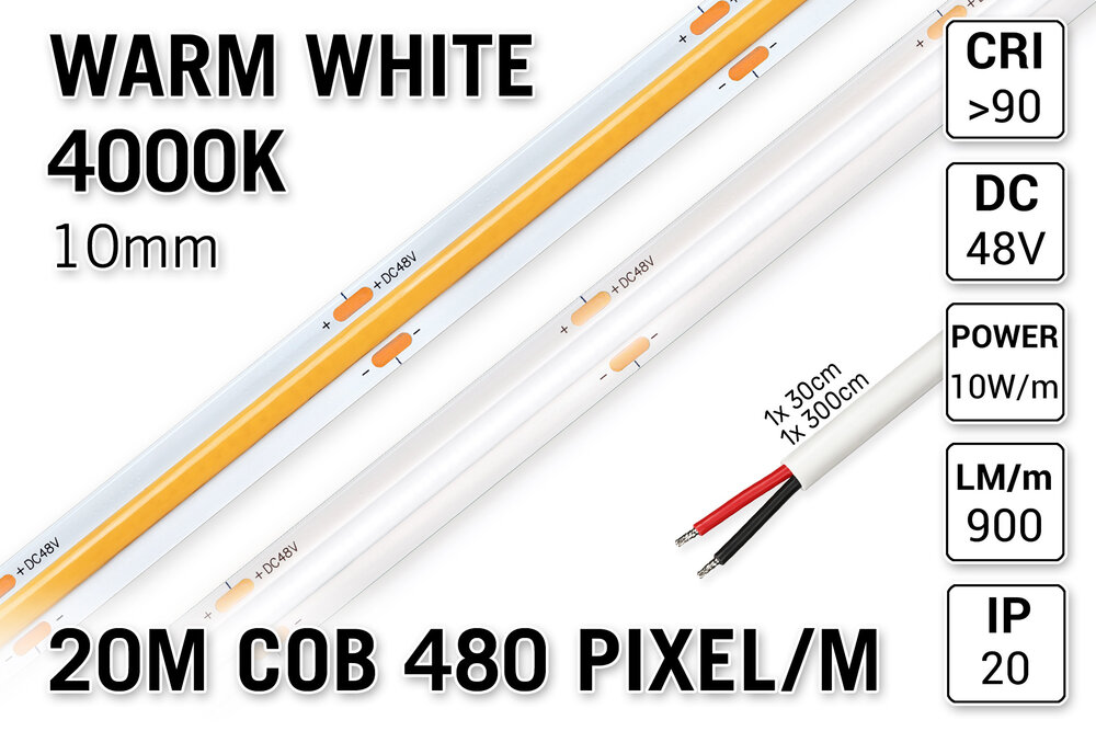 AppLamp Pro Line 48V Neutraal Wit COB LED Strip 4000K | 20m | Voor Zeer Lange Runs Zonder Lichtafname | 860 lm/m | 10W pm | 480 COB LEDs pm | 10mm | CRI Ra 94 | IP20 - Losse Strip