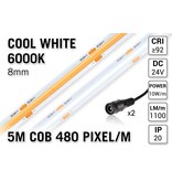 AppLamp Pro Line Koud Wit Daglicht COB LED Strip 6000K | 5m | Hoge CRI Ra 92 | 1100 lm/m | 10W pm | 480 COB LEDs pm | 8mm | 24V | IP20 - Losse Strip