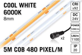 AppLamp Koud Wit Daglicht COB LED Strip 6000K | 5m | Hoge CRI 92 | 1100 lm/m - Losse Strip