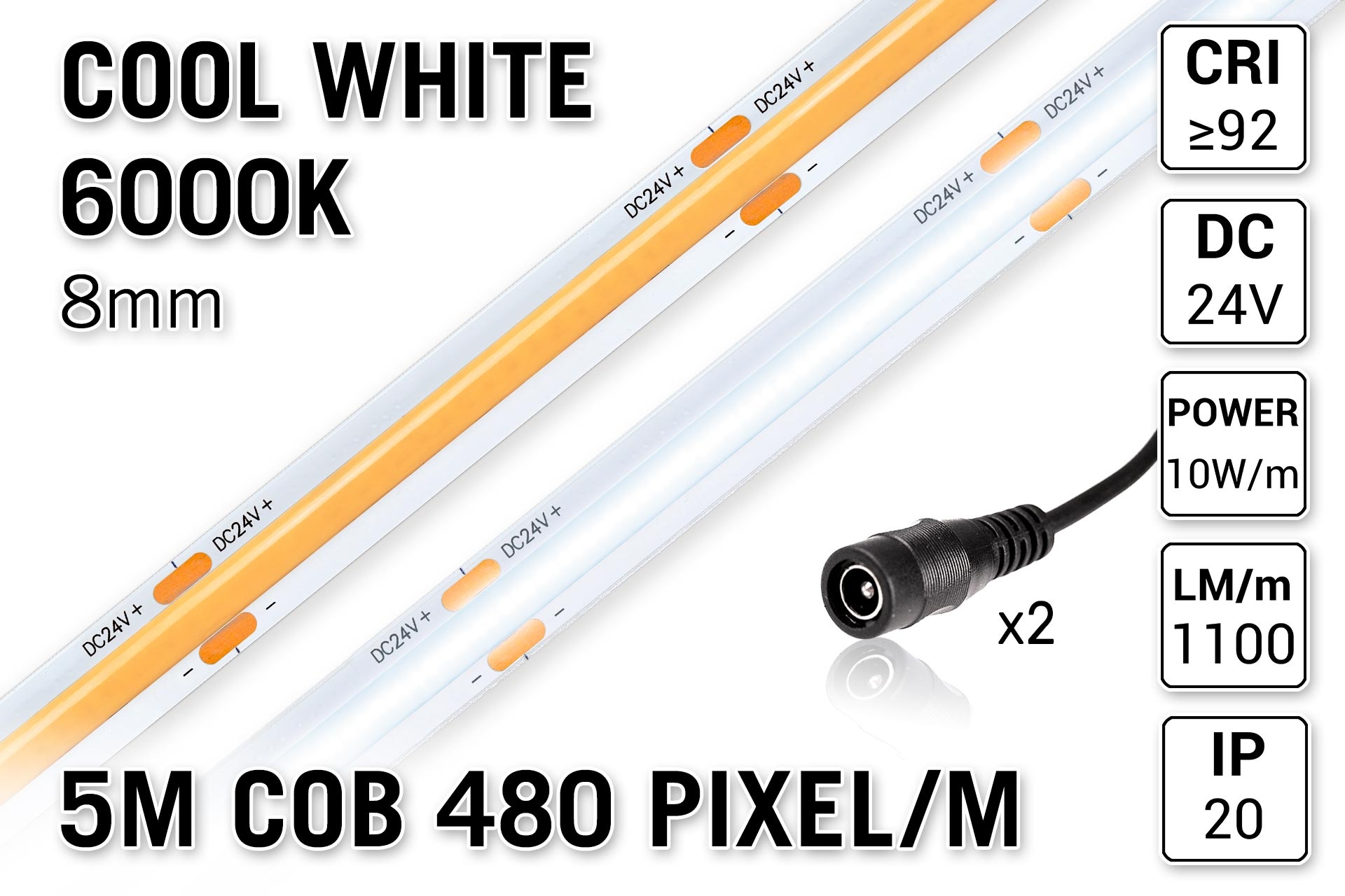 AppLamp Pro Line Koud Wit Daglicht COB LED Strip 6000K | 5m | Hoge CRI Ra 92 | 1100 lm/m | 10W pm | 480 COB LEDs pm | 8mm | 24V | IP20 - Losse Strip