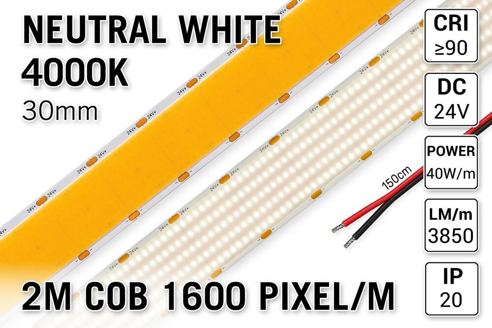 AppLamp Extra Heldere Pro Line Super Wide Neutraal Wit COB LED Strip 4000K | 2m | Zéér Hoge Lichtopbrengst 3850 lm/m | 40W pm | 1600 COB LEDs pm | 30mm | 24V | IP20 - Losse Strip