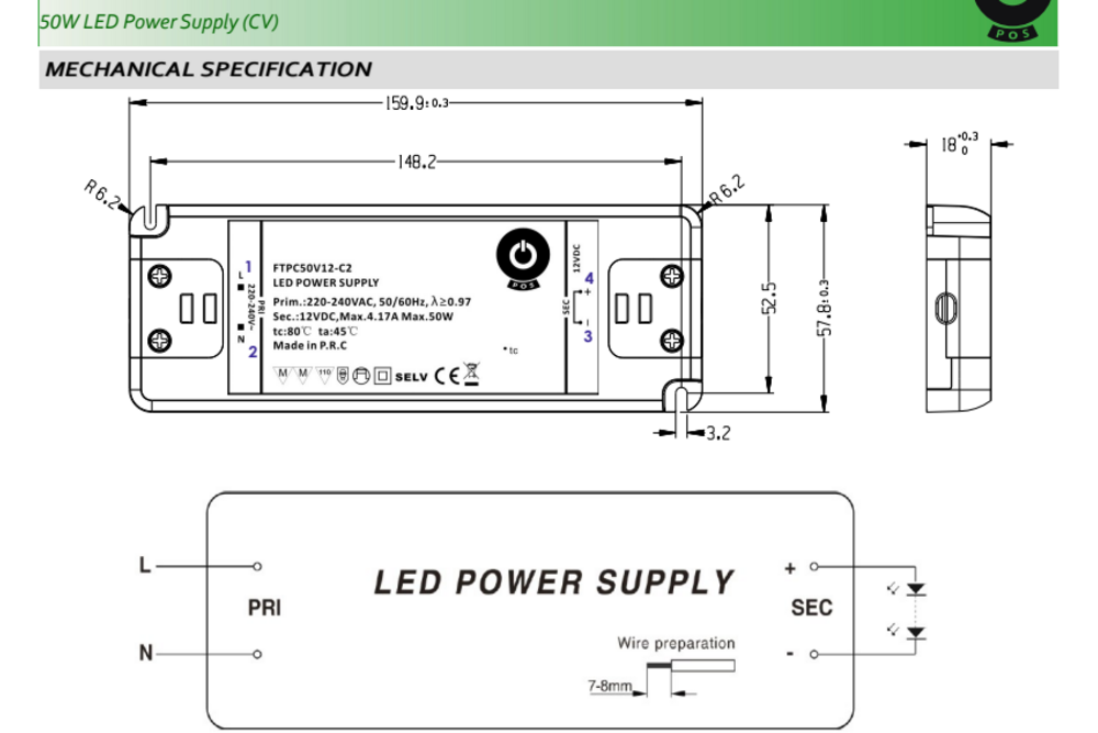 POS-POWER POS-POWER FTPC50V12-C2 Compacte POS Voeding DC 12 Volt 50W 4.16A - IP20