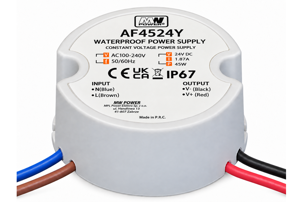 MWPower MWPower AF4524Y Mini Waterdichte Voeding Ø50mm - DC 24V 45 Watt 1.87A - IP67