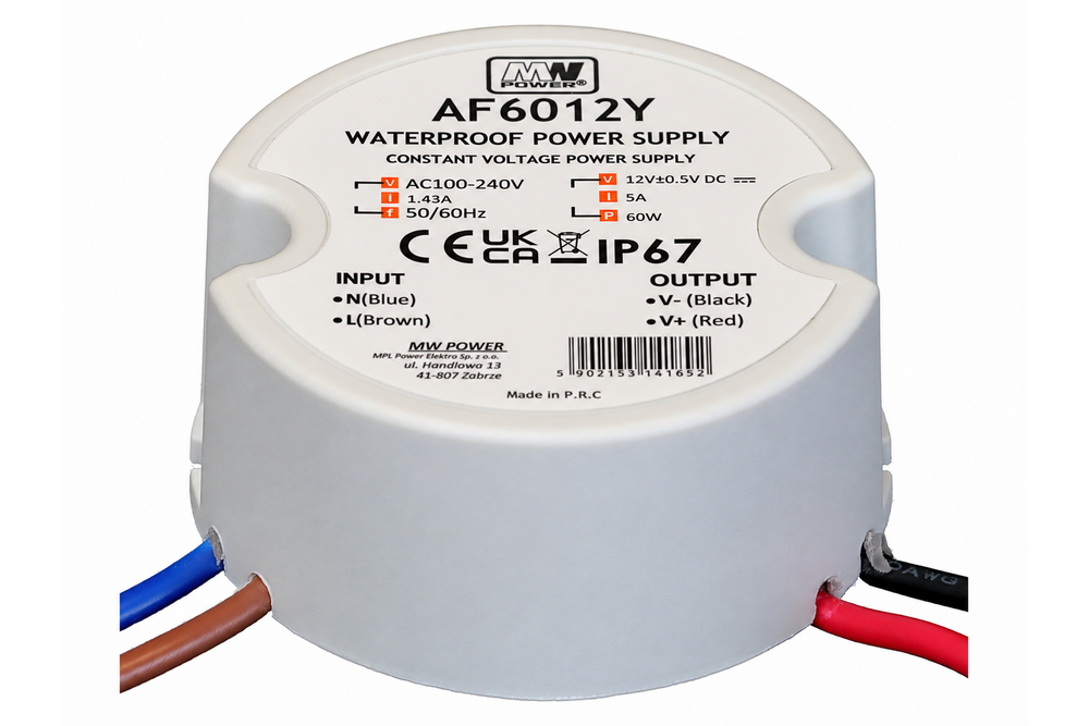 MWPower MWPower AF6012Y Mini Waterdichte Voeding Ø50mm - DC 12V 60 Watt 5A - IP66
