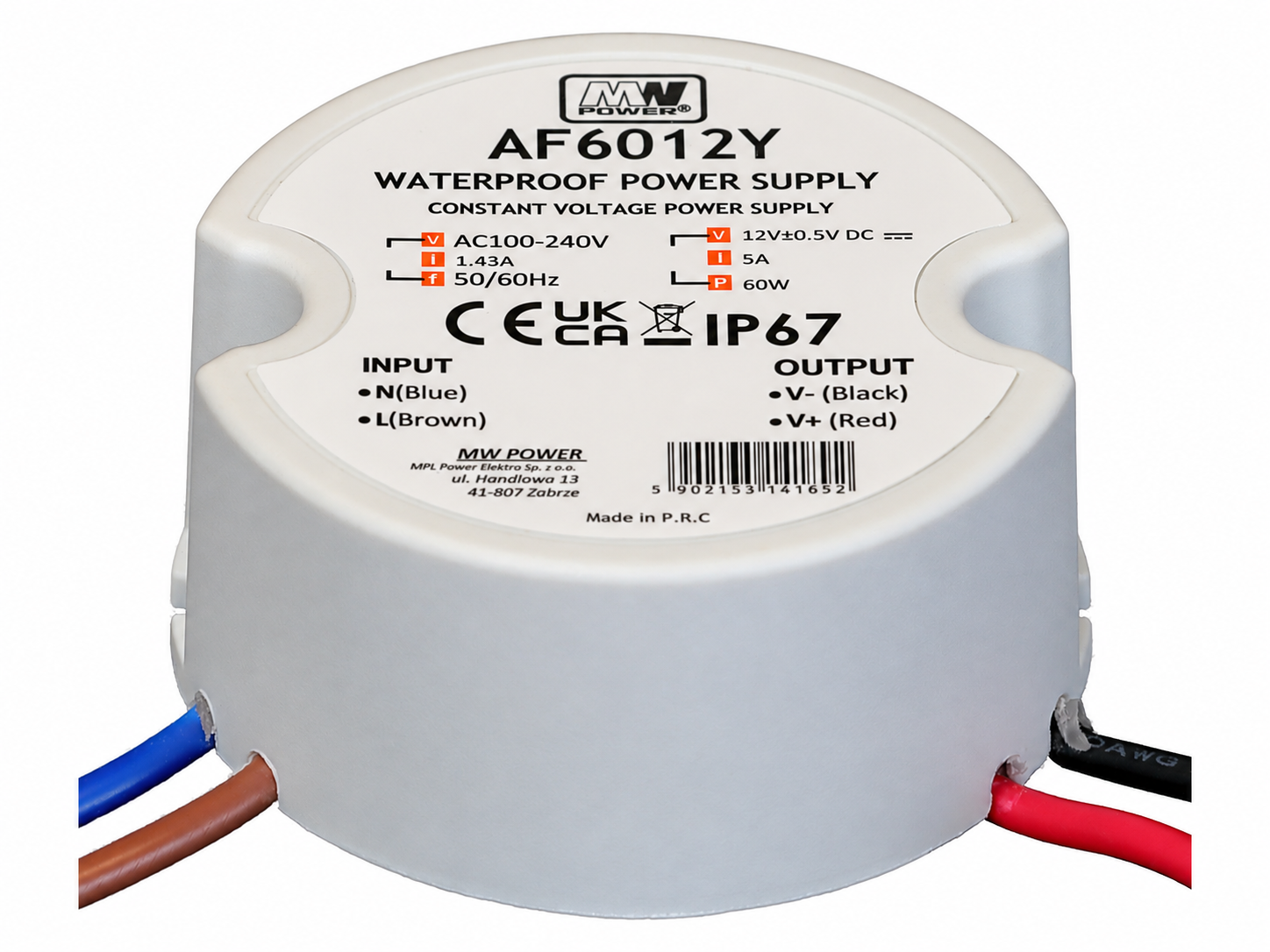 MWPower MWPower AF6012Y Mini Waterdichte Voeding Ø50mm - DC 12V 60 Watt 5A - IP66