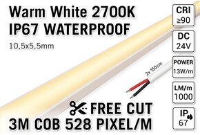 AppLamp Free Cut COB 2700K Warm Wit Led Strip | 3m | IP67 | 13W pm | 24V | 528 pixels pm - Losse Strip