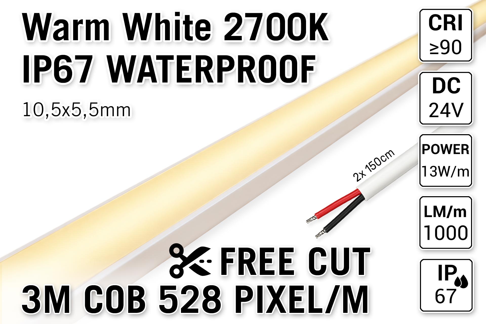 AppLamp Vrij Knipbare Pro Line COB 2700K Warm Wit Led Strip | 3m | IP67 Waterdicht | 13W pm | 24V | 528 pixels pm - Losse Strip