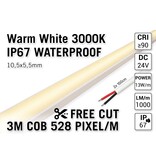 AppLamp Vrij Knipbare Pro Line COB 3000K Warm Wit Led Strip | 3m | IP67 Waterdicht | 13W pm | 24V | 528 pixels pm - Losse Strip