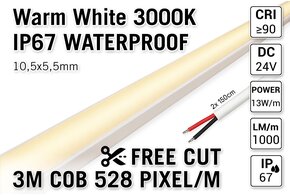 AppLamp Free Cut COB 3000K Warm Wit Led Strip | 3m | IP67 | 13W pm | 24V | 528 pixels pm - Losse Strip