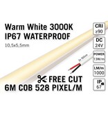 AppLamp Vrij Knipbare Pro Line COB 3000K Warm Wit Led Strip | 6m | IP67 Waterdicht | 13W pm | 24V | 528 pixels pm - Losse Strip