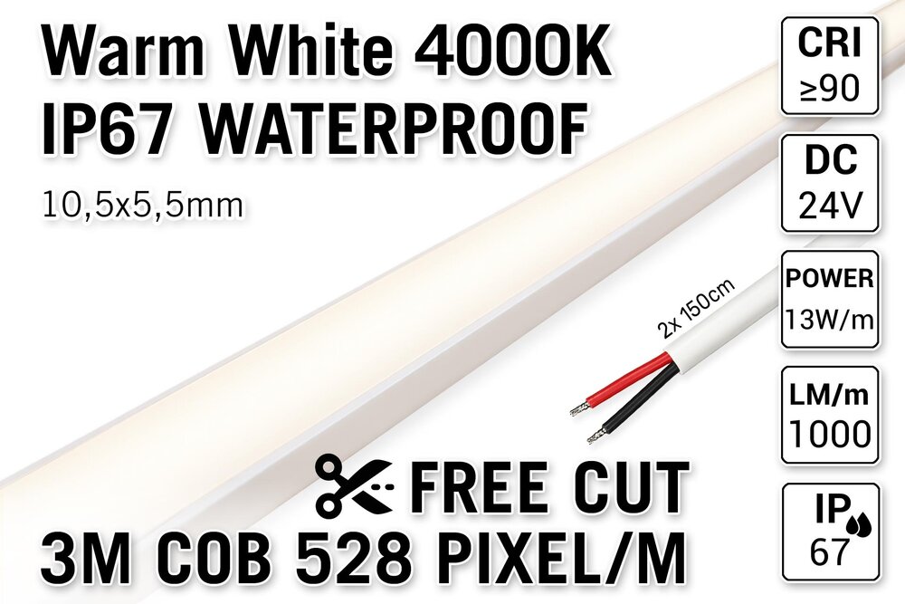 AppLamp Vrij Knipbare Pro Line COB 4000K Neutraal Wit Led Strip | 3m | IP67 Waterdicht | 13W pm | 24V | 528 pixels pm - Losse Strip