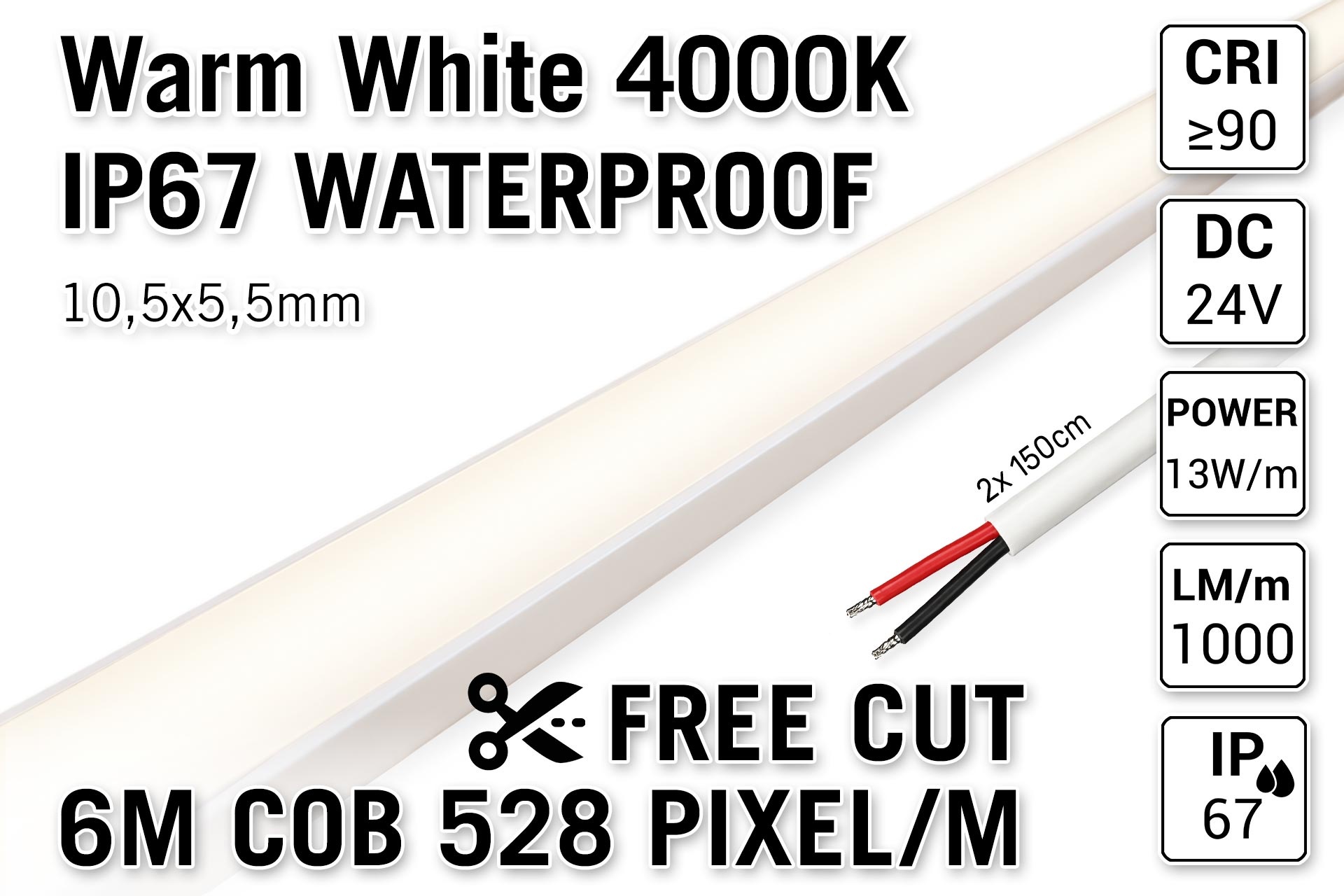 AppLamp Vrij Knipbare Pro Line COB 4000K Neutraal Wit Led Strip | 6m | IP67 Waterdicht | 13W pm | 24V | 528 pixels pm - Losse Strip