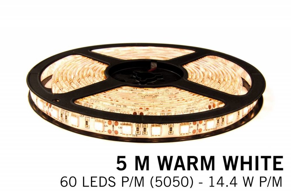 Warm Wit LED strip 60 leds p.m. - 5M - type 5050 - 12V - 14,4W/p.m