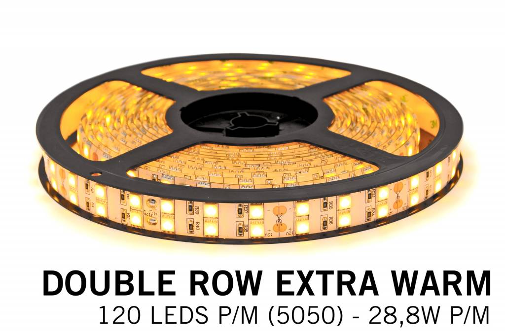 Extra Warm Witte Ledstrip 2400K, dubbele rij 5050, 28.8W P/M 12V