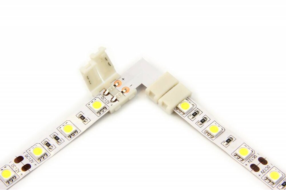 Witte LED strip 90° hoek L-connector, soldeervrij, 8 of 10mm breed