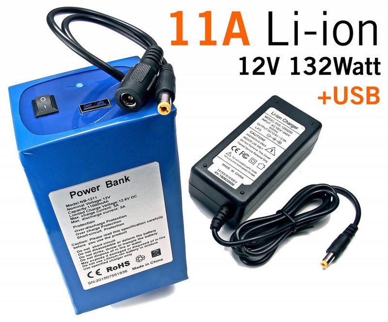 11 Ampere 12V Li-Ion Batterij pack - Power Bank 11A 12V 132W & USB Out