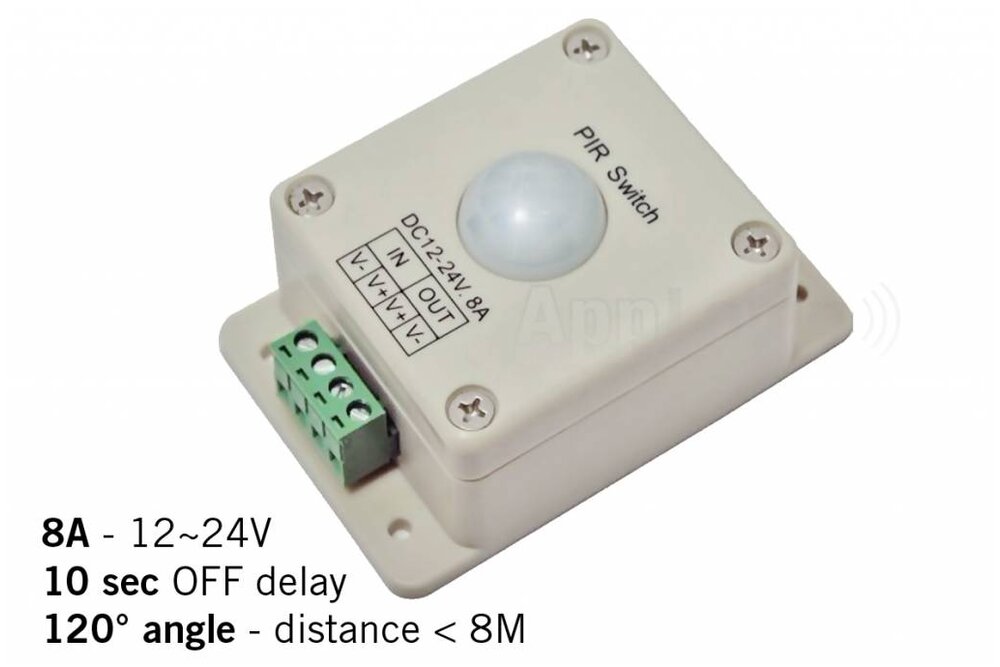 PIR bewegingssensor / bewegingsmelder, 12-24V / 8A, 120° hoek, 10 sec