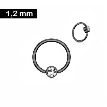 Schwarzer Piercingring mit kristall Stein - 1,2 x 8 mm