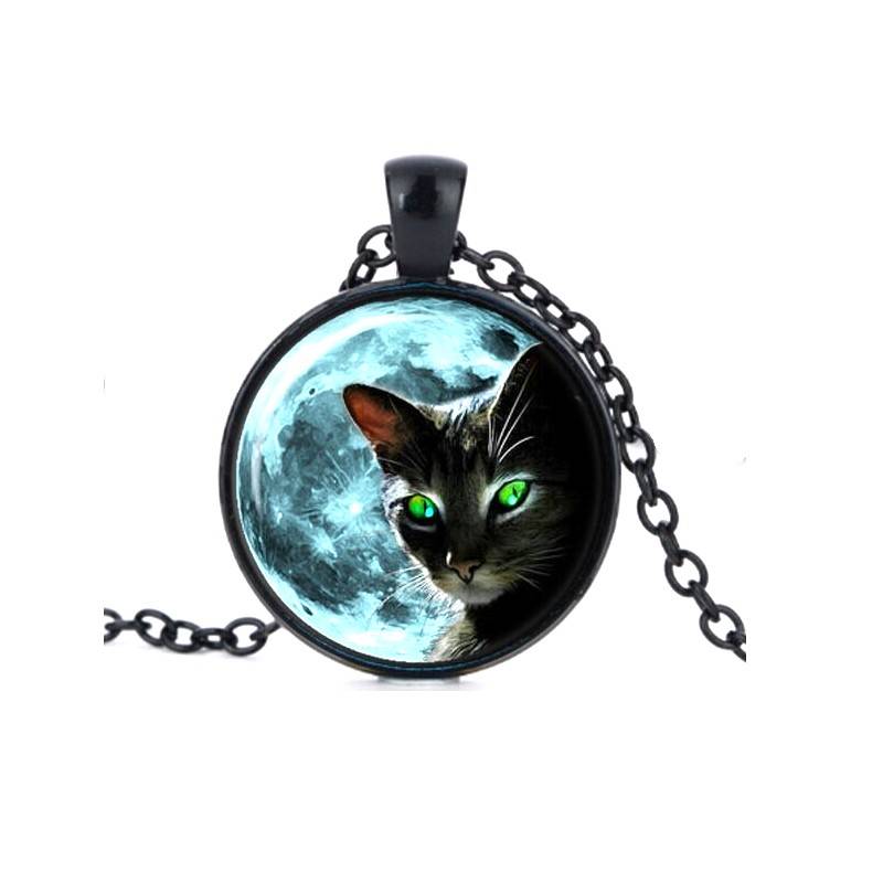 Schwarze Halskette Vollmond mit Katze