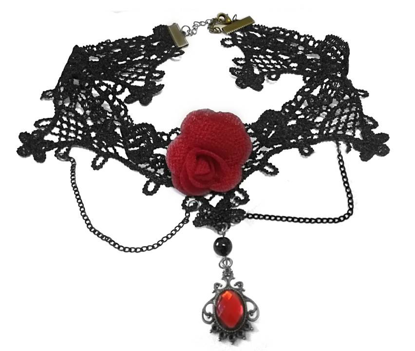 Schwarzes Choker Collier mit roter Rose