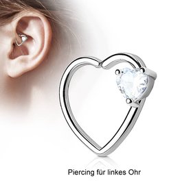 Daith Piercing mit Kristall Herz – Messing rhodiniert | 1,2 mm | zum Aufbiegen