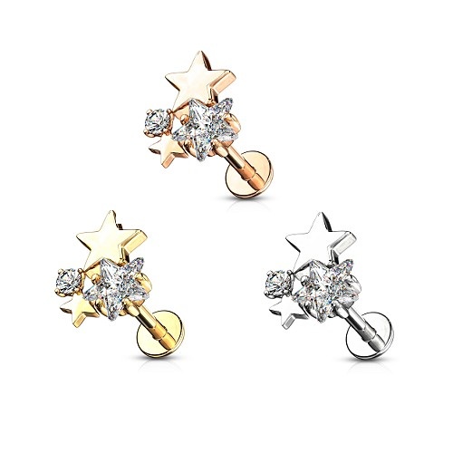 Labret Piercing mit Sternen & Zirkonia – Innengewinde | Chirurgenstahl 316L | 1,2 mm | 6 mm oder 8 mm | Gold, Roségold & Silber