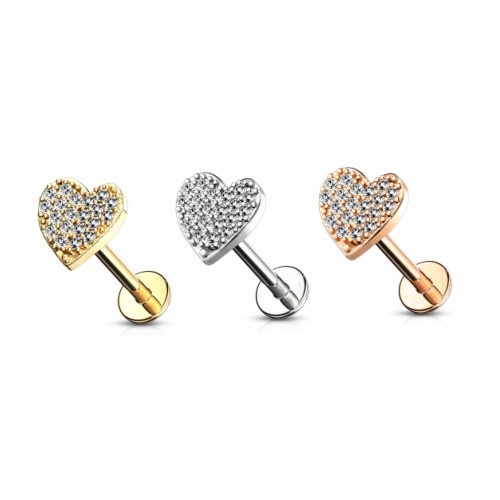 Labret Stecker Herz mit Zirkonia – Innengewinde | Chirurgenstahl 316L PVD | 1,2 x 6 mm | Gold, Roségold & Silber