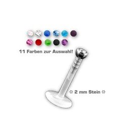 Labret Piercing mit 2 mm Zirkonia – PTFE Kunststoff | 10 Steinfarben | 1,2 x 8 mm
