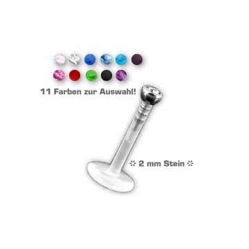 Labret Piercing mit 2 mm Zirkonia – PTFE Kunststoff | 10 Steinfarben