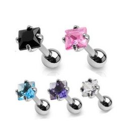 Tragus Piercing Barbell mit quadratischem Zirkonia – Chirurgenstahl 316L | 1,2 x 6 mm | 5 Farben