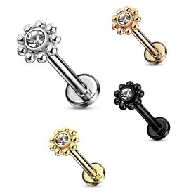 Labret Stecker Blume mit Kristallstein – Chirurgenstahl 316L | 1,2 mm | 6 mm oder 8 mm | Gold, Silber, Roségold & Schwarz