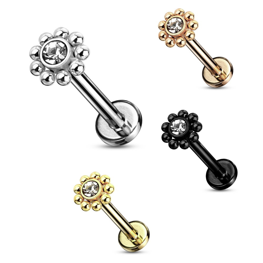 Labret Stecker Blume mit Kristallstein – Chirurgenstahl 316L | 1,2 mm | 6 mm oder 8 mm | Gold, Silber, Roségold & Schwarz