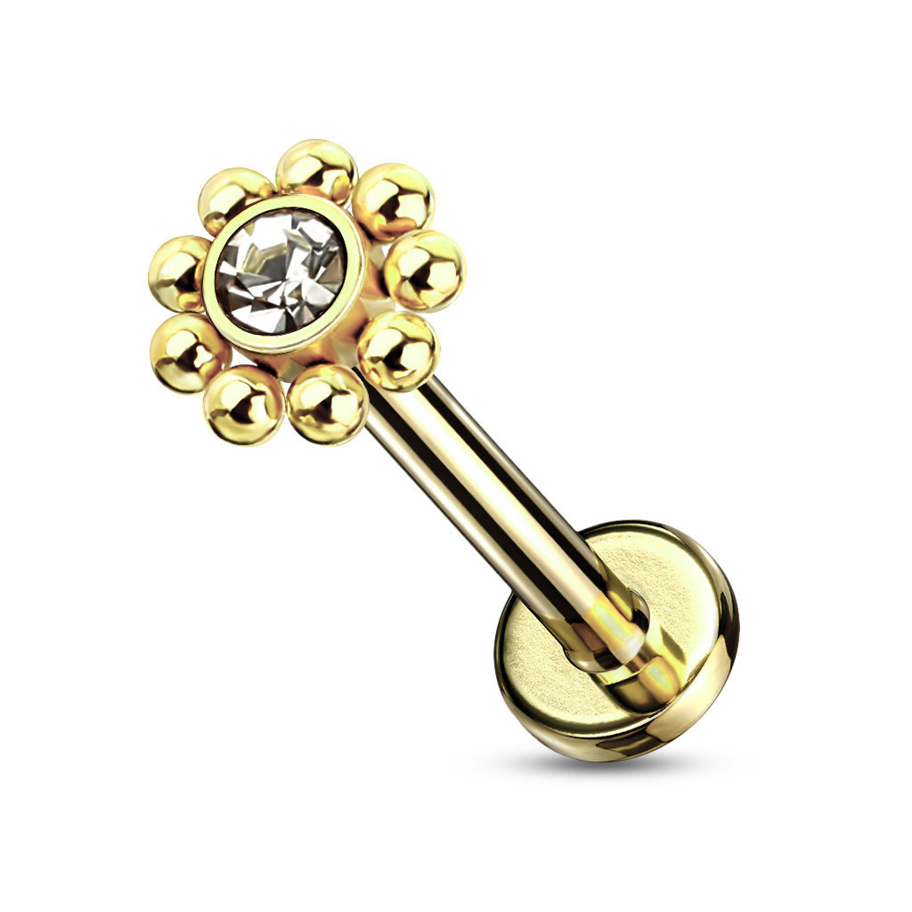 Labret Stecker Blume mit Kristallstein – Chirurgenstahl 316L