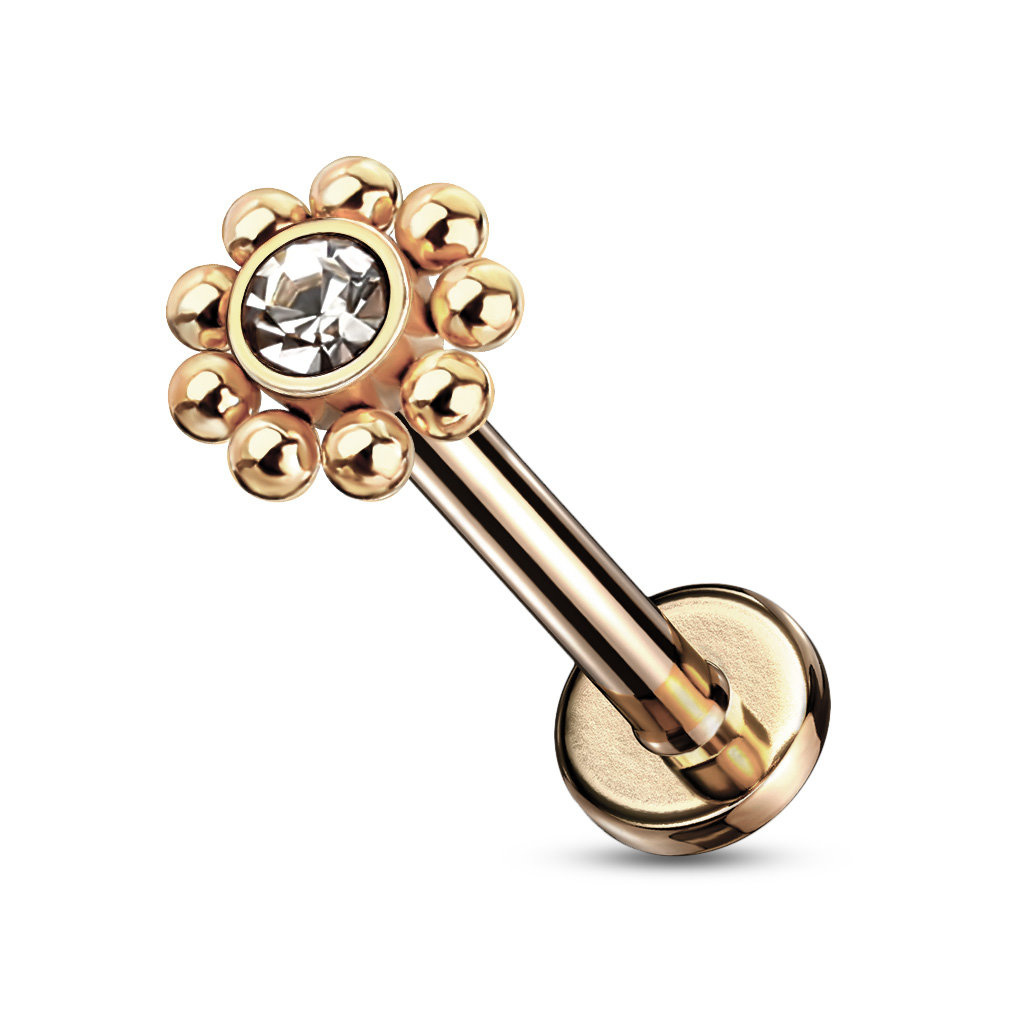 Labret Stecker Blume mit Kristallstein – Chirurgenstahl 316L