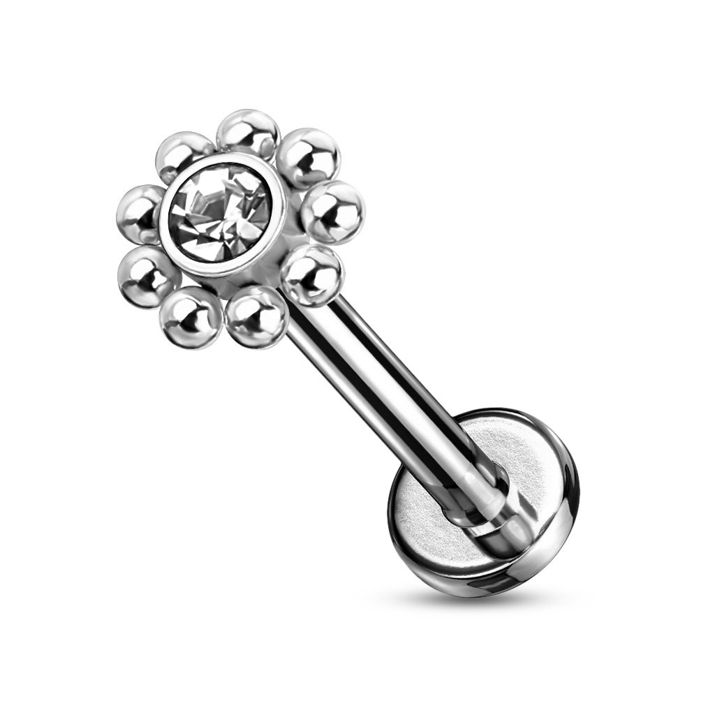 Labret Stecker Blume mit Kristallstein – Chirurgenstahl 316L