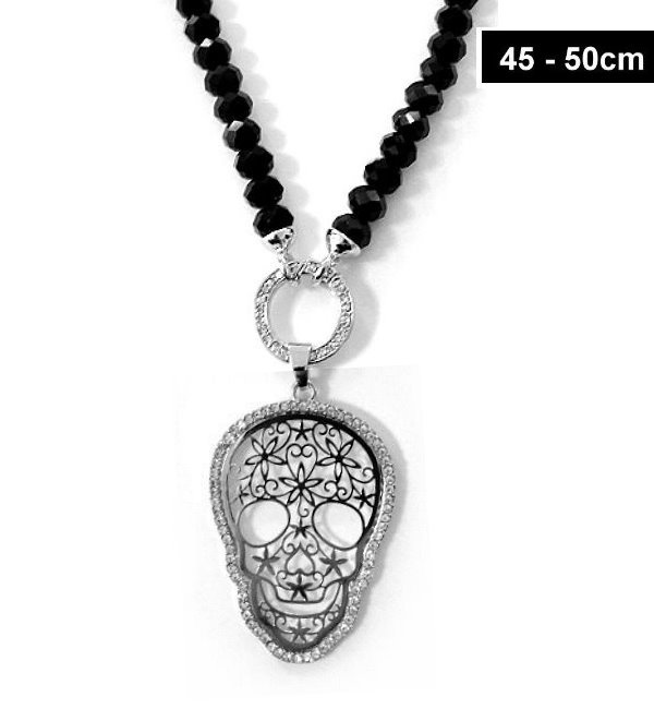 🦚 Totenkopf Halskette mit schwarzen Glasperlen