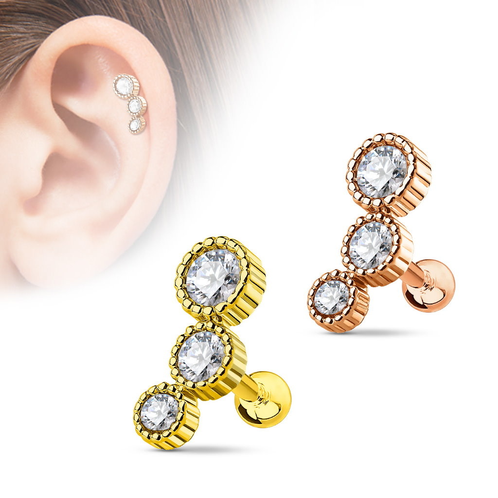 Barbell Piercing mit 3 Kristall-Steinen