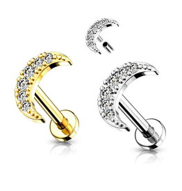 Labret Stecker mit Halbmond & Kristallsteinchen – Chirurgenstahl 316L | 1,2 mm | 6 mm oder 8 mm | Gold & Silber