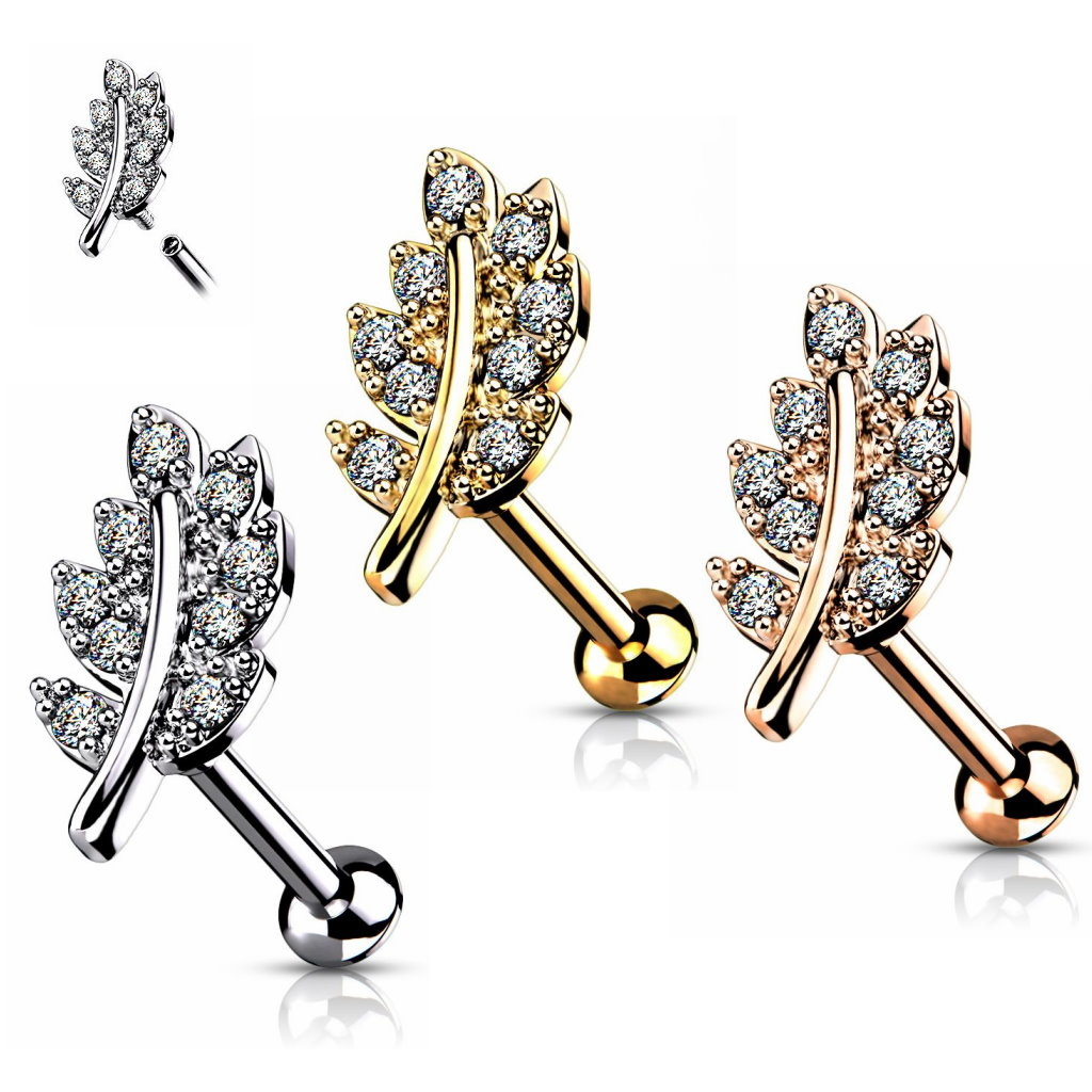 Labret Piercing Blatt mit Zirkonia-Steinchen – Chirurgenstahl 316L PVD | 1,2 x 6 mm | Gold, Roségold & Silber