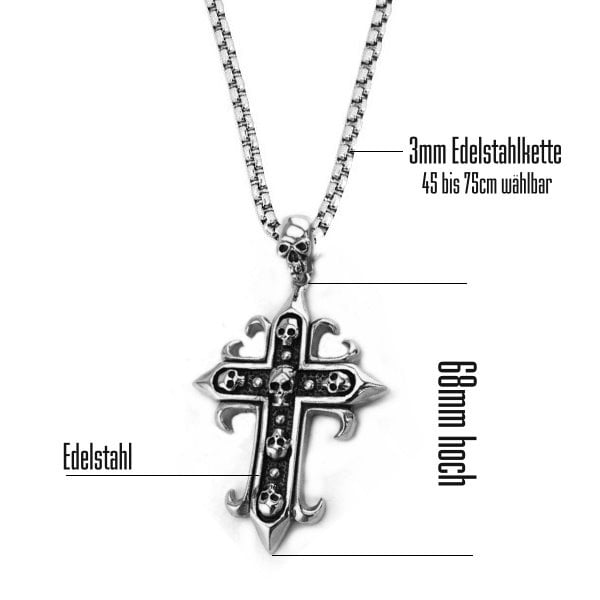 Edelstahlanhänger mit Kette, Kreuz mit Totenkopf, ca. 5,4 x 2,8 cm, 1