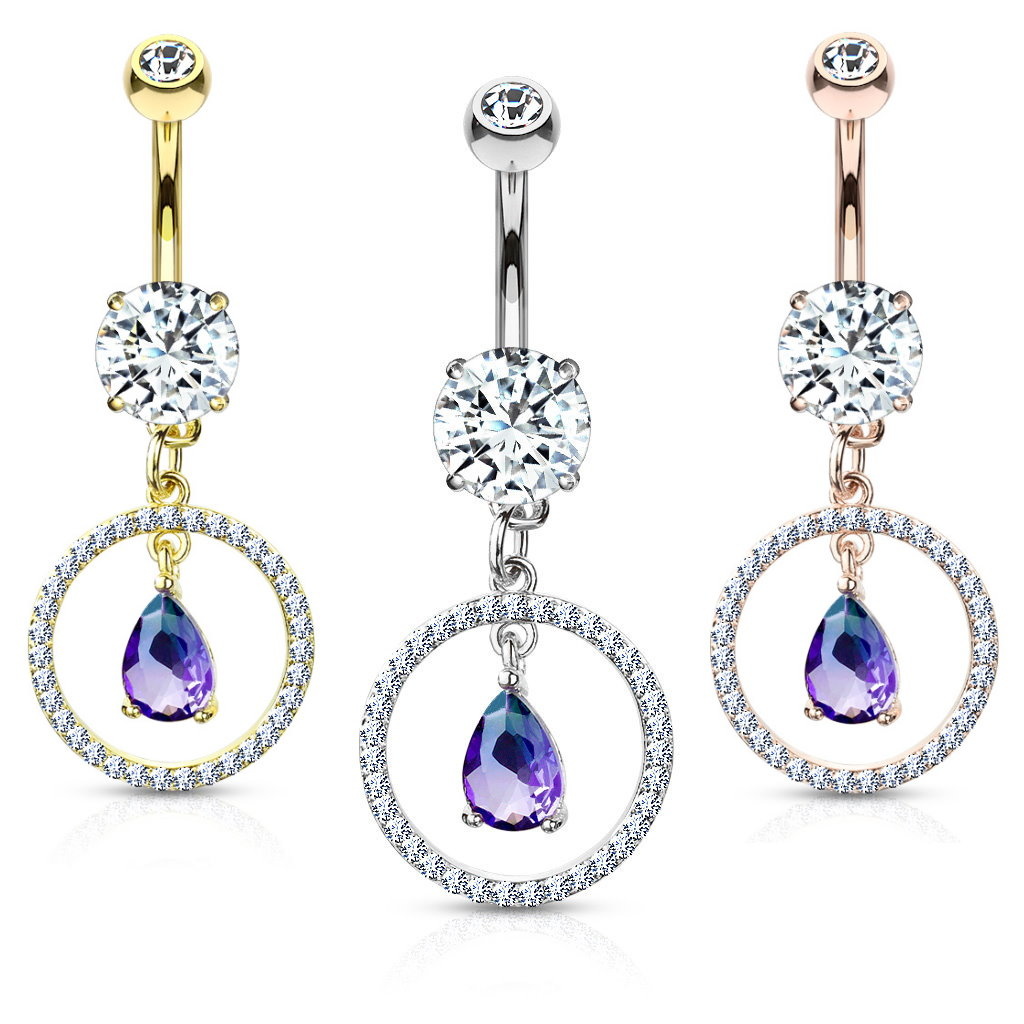 Schöne Bauchnabelpiercing mit violettem Tropfen