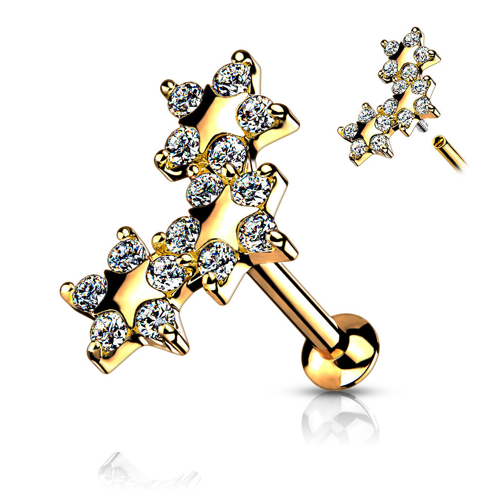 Labret Piercing mit 3 Sternen & Kristallsteinchen – Chirurgenstahl
