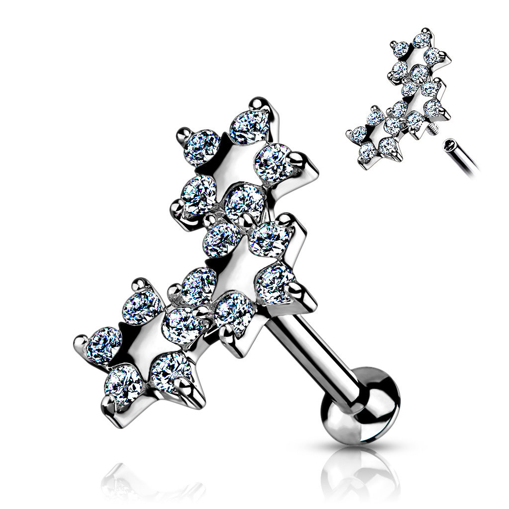 Labret Piercing mit 3 Sternen & Kristallsteinchen – Chirurgenstahl
