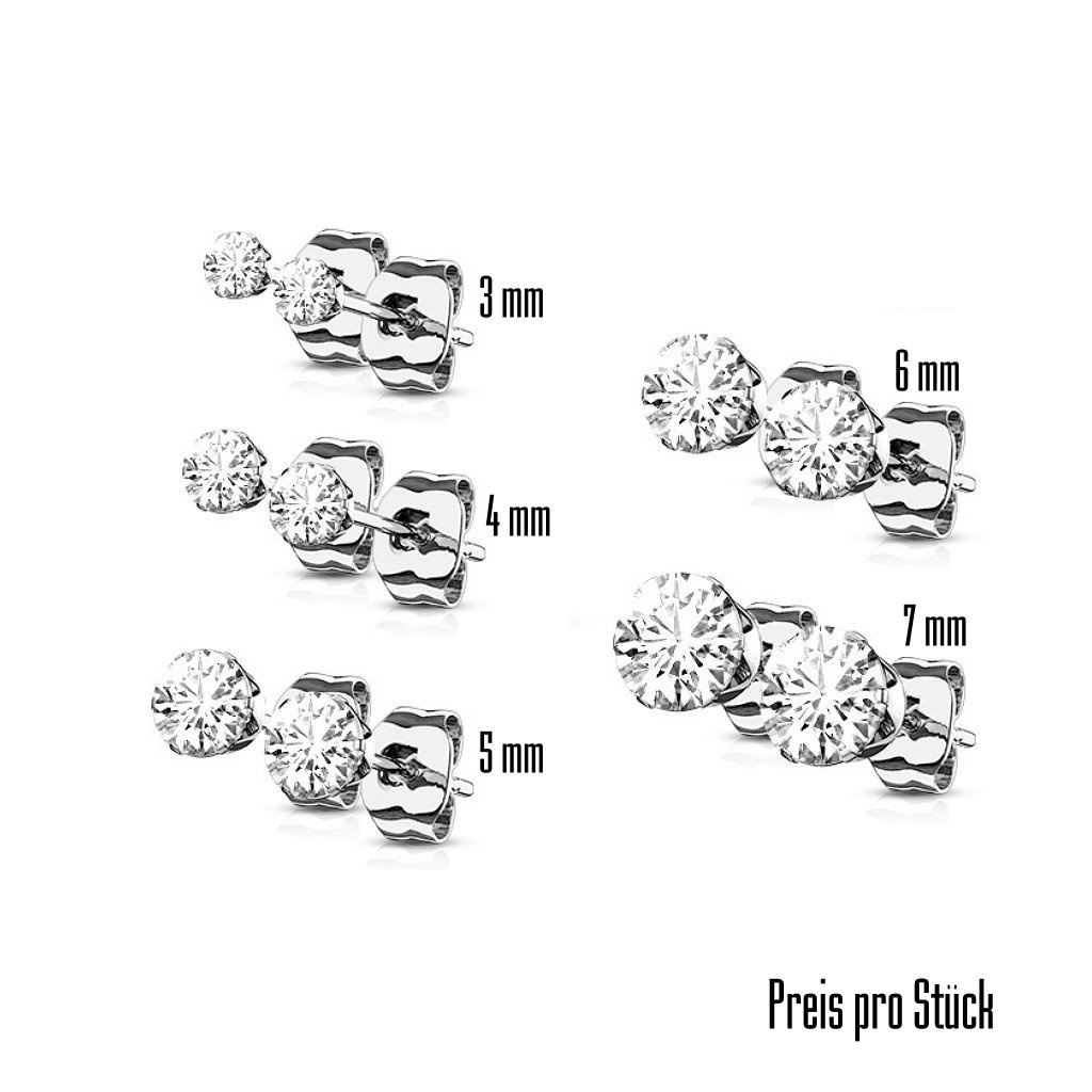Edelstahl Ohrstecker mit rundem Kristall-Zirkonia – 3 bis 7 mm
