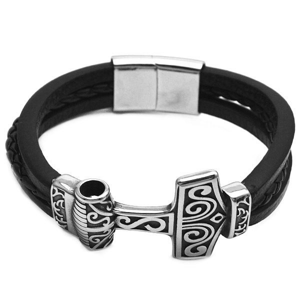 Lederarmband schwarz mit Thors Hammer