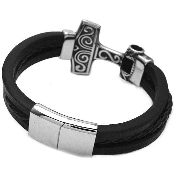 Lederarmband schwarz mit Thors Hammer