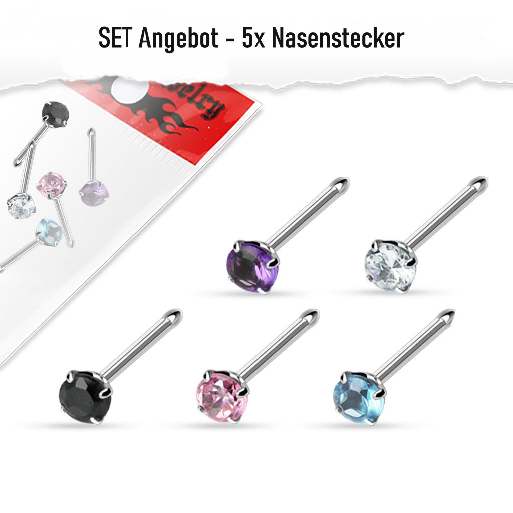 5er Set Nasenpiercing Stein
